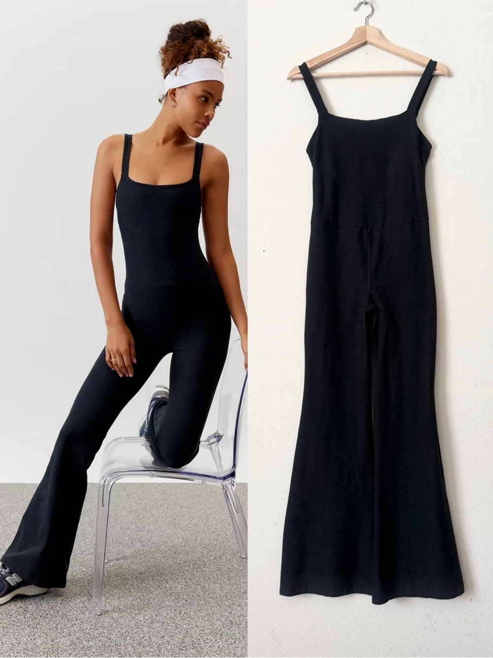 Beyond Yoga MEDIUM Hit The Scene Spacedye flared jumpsuit in black heather